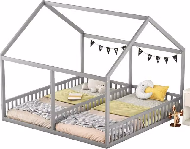 Letto a Casetta per Bambini con Sponde in Pino e MDF, Grigio, L 90 x P 200 x H 187 cm