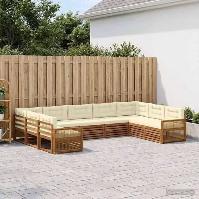 Set di divani da esterno a forma di U vidaXL in legno di acacia con cuscini beige e bianchi