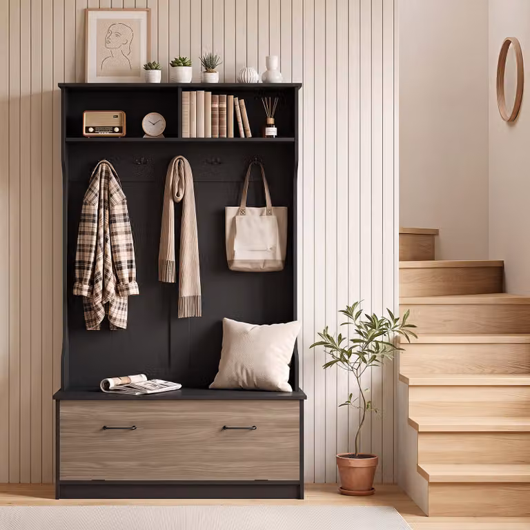 Costway Appendiabiti da terra con panca porta scarpe in legno per ingresso e corridoio, Nero opaco