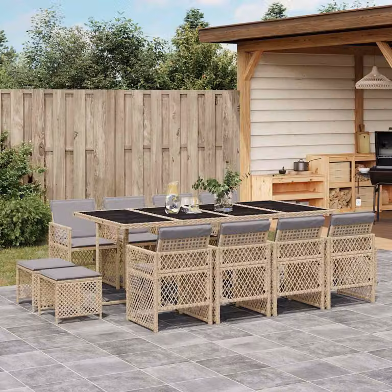 vidaXL Set da Pranzo da Giardino 13 pz in Polyrattan con Cuscini Beige e Grigio e Tavolo in Vetro