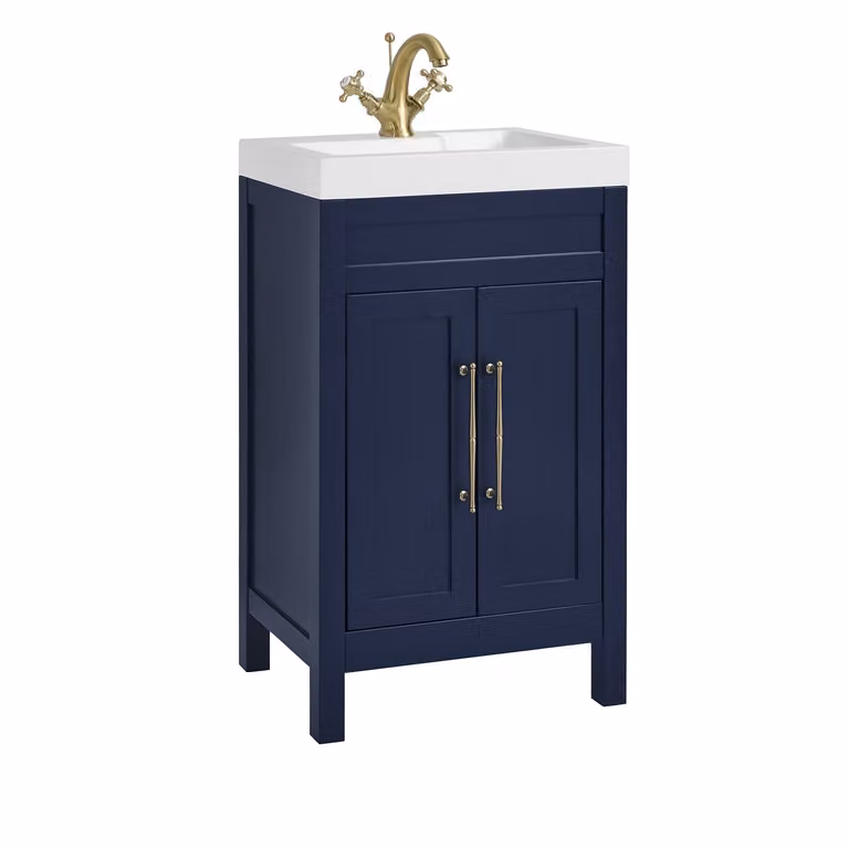 Mobile Bagno Blu Marino da 500mm con Lavabo e Maniglia Classica con Barra a T in in Oro Satinato - Warwick