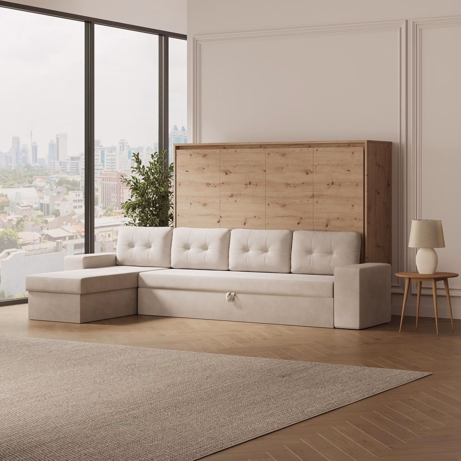 SMARTBett Letto a scomparsa M2 Orizzontale 140x200 con divano ad angolo grigio sabbia Quercia selvatica