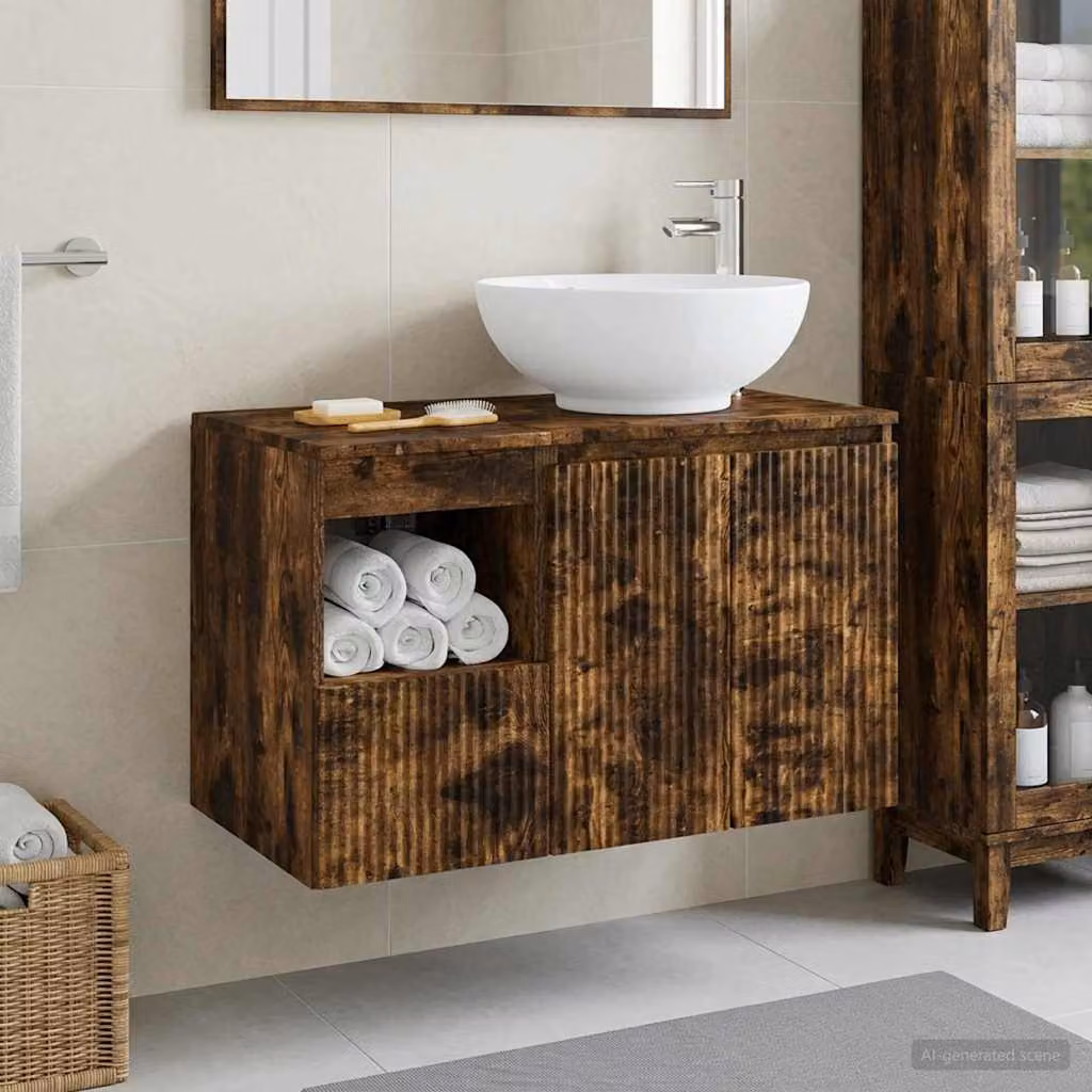 Set di mobili per il bagno moderno vidaXL composto da mobile lavabo e pensile in legno marrone opaco L/P/H: 80,0 x 44,5 x 49,5 cm e 44,5 x 36,7 x 49,5 cm