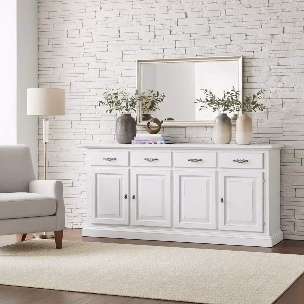 Madia credenza shabby chic in legno massello 4 porte bianco consumato Mobili 2G L/P/H: 222 x 51 x 105 cm – 2