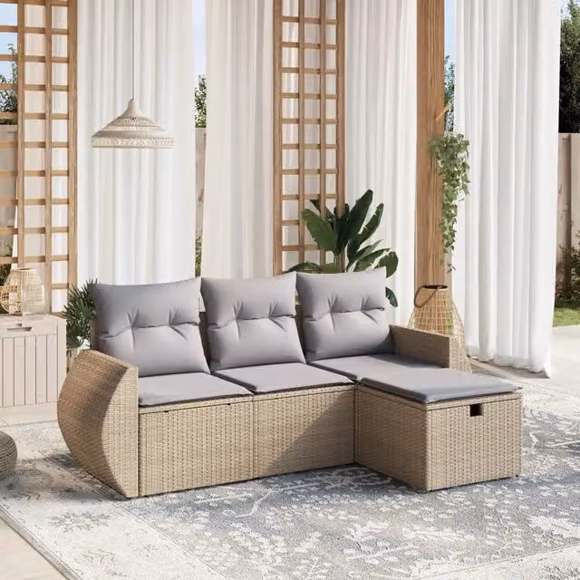 Set Divano da Giardino 4 pz con Cuscini-Sofa da Giardino-Divanetto da esterno Beige Misto Polyrattan 621380
