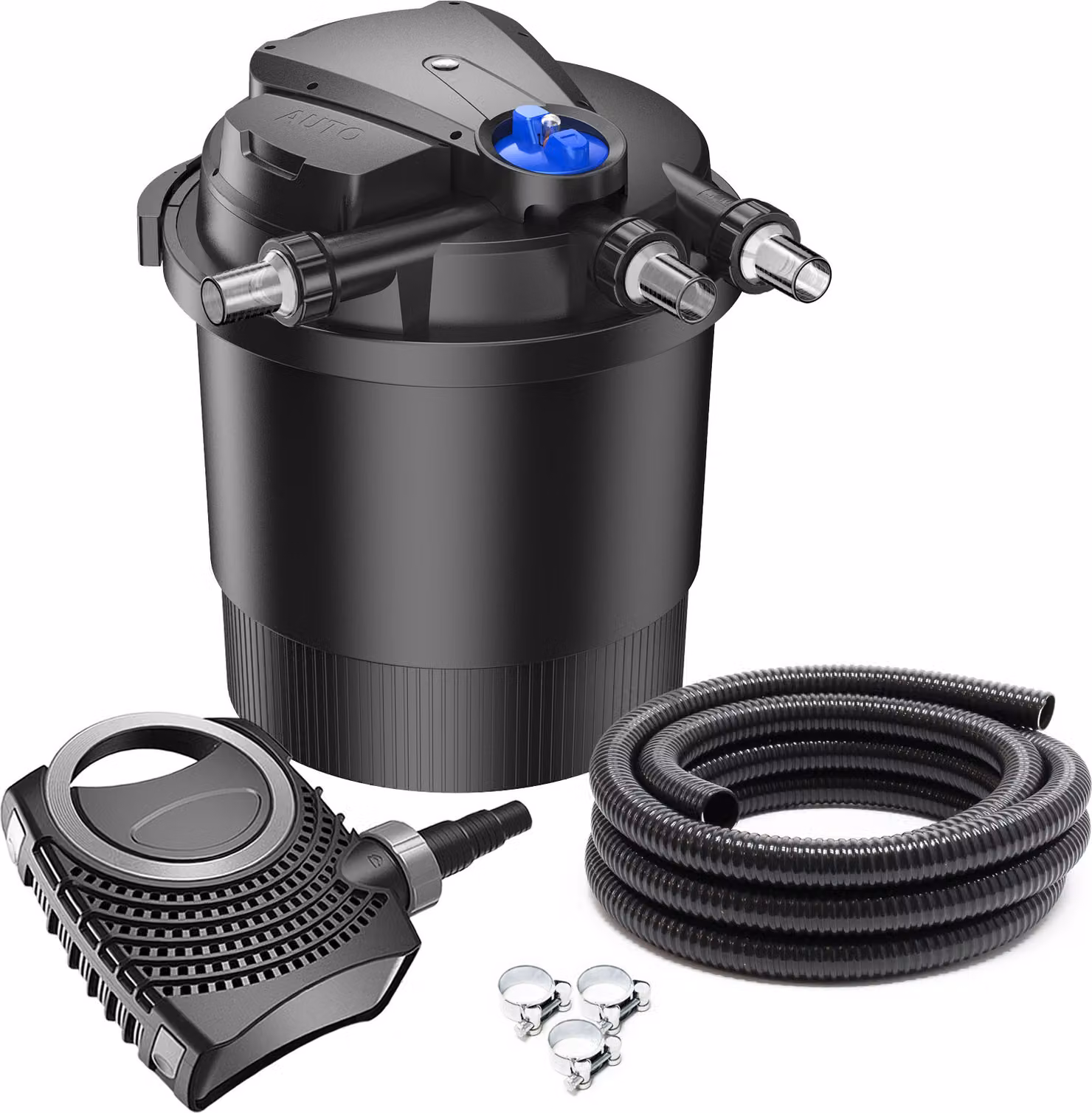 Set completo SunSun: filtro a pressione per laghetti CPA-20000 fino a 40000 L con chiarificatore UV-C da 36 watt, pompa per laghetti NEO10000 SuperECO 10000l/h 80W, tubo flessibile per laghetti da 10 m 38 mm (1 1/2"), fascette stringitubo W1 44-47mm