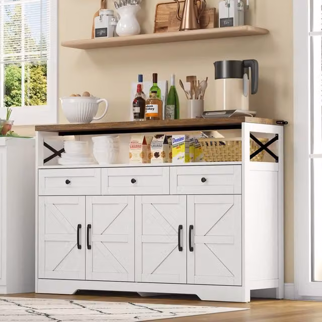 Credenza e madia con 3 cassetti, 2 ante e vano aperto per cucina e soggiorno, in MDF bianco e marrone, 140 × 35 × 95 cm