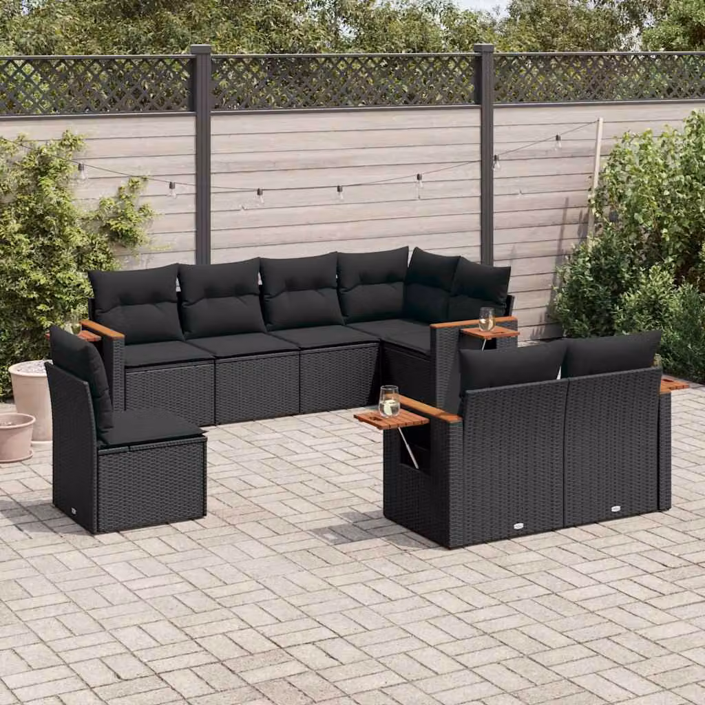 vidaXL Set Divani da Giardino a L in Polyrattan Nero con 8 Cuscini e Tavolino – 1