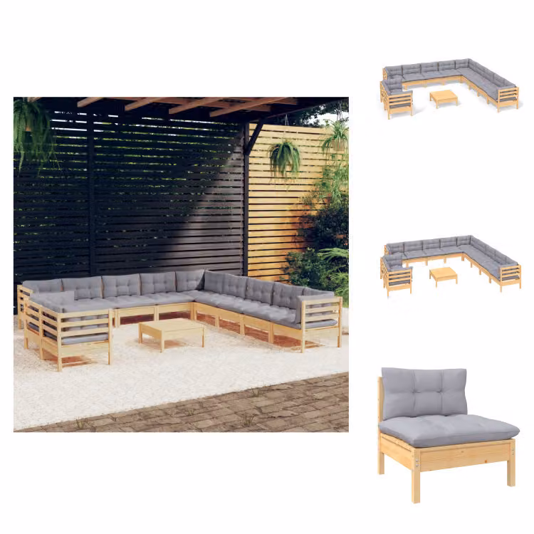 vidaXL Set di 12 pezzi da giardino con cuscini grigi in pino massiccio - Set di mobili da giardino