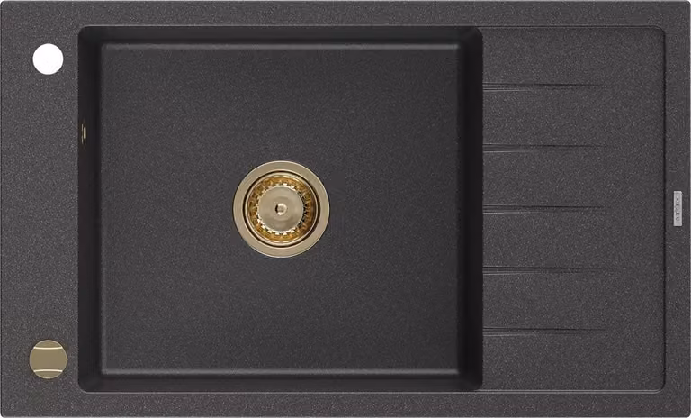 Mexen Elias lavello in granito a 1 vasca con gocciolatoio 795 x 480 mm, nero maculato, sifone dorato - 6511791005-76-G