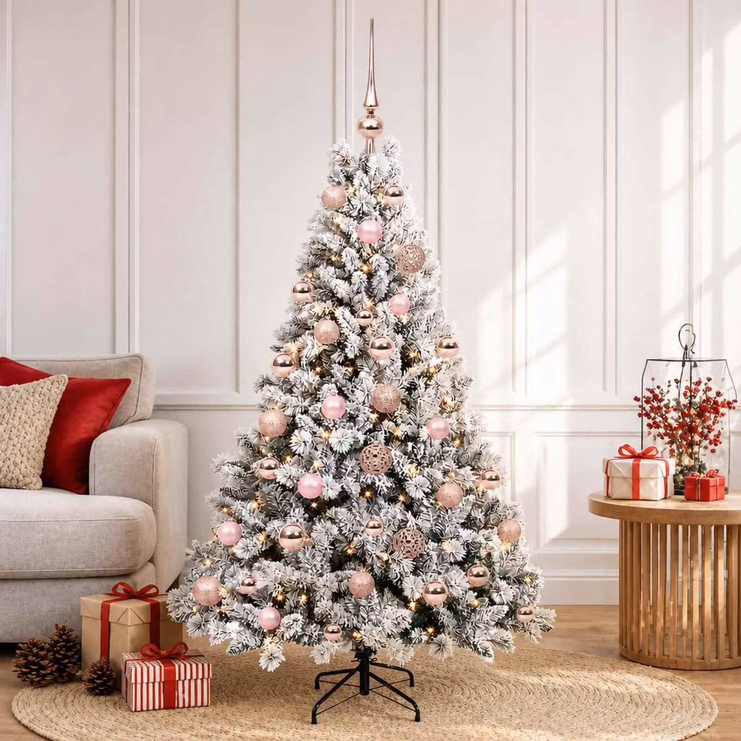 Albero di Natale artificiale moderno vidaXL verde con 150 LED bianco caldo e palline bianche, Altezza: 120 cm