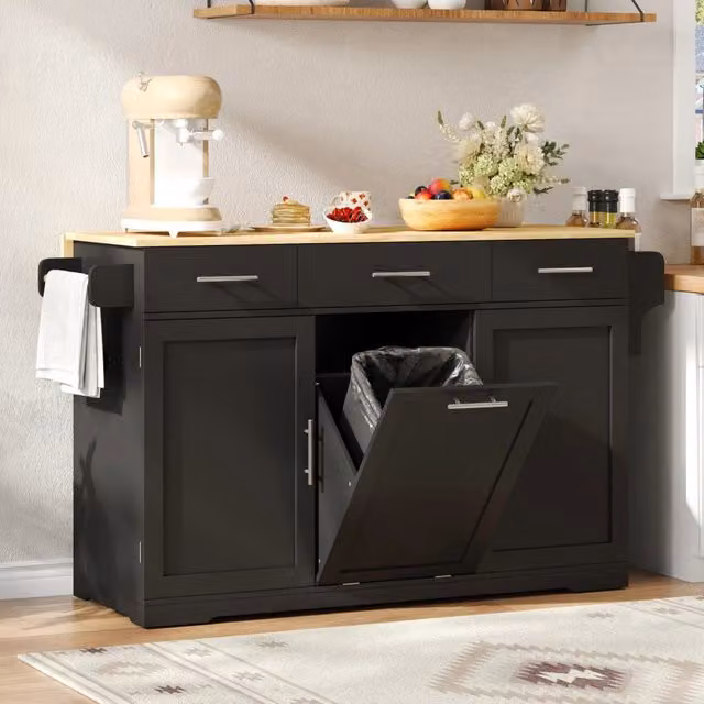 Isola cucina moderna in MDF con presa integrata, finitura opaca nero e naturale, L/P/H: 136 x 75 x 92 cm