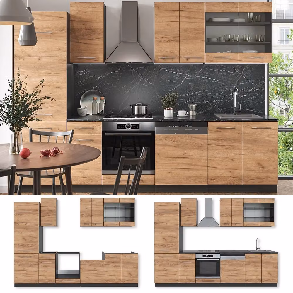 Cucina componibile moderna Vicco Fame-Line in rovere dorato e antracite, L: 300 cm – 2
