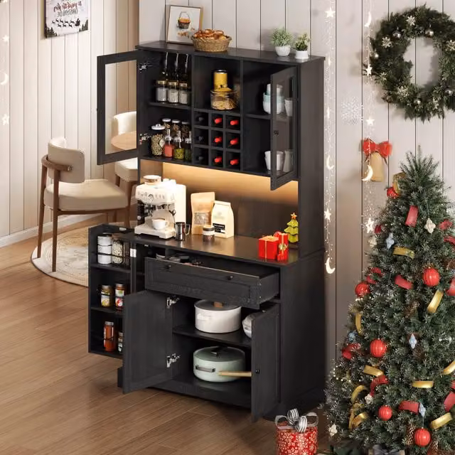 Mobile colonna da cucina con ripiani regolabili; 5 ante; cassetto; LED RGB e presa nero MDF 180 × 105 × 40 cm