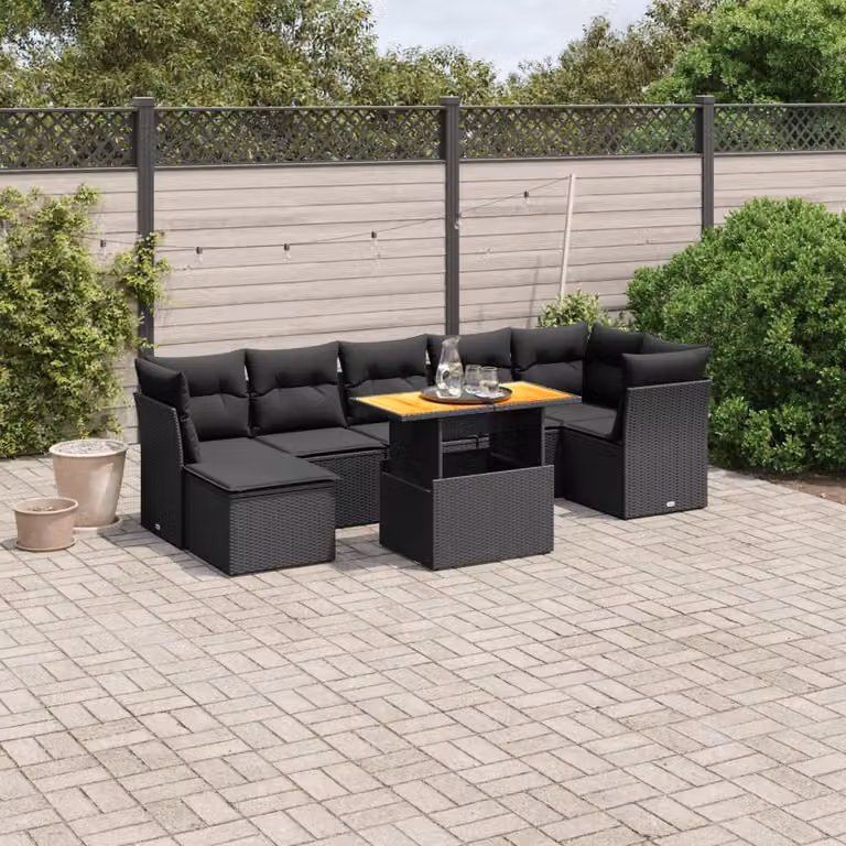 vidaXL Set Divani da Giardino a L in Polyrattan Nero con 8 Cuscini e Tavolino da Esterno