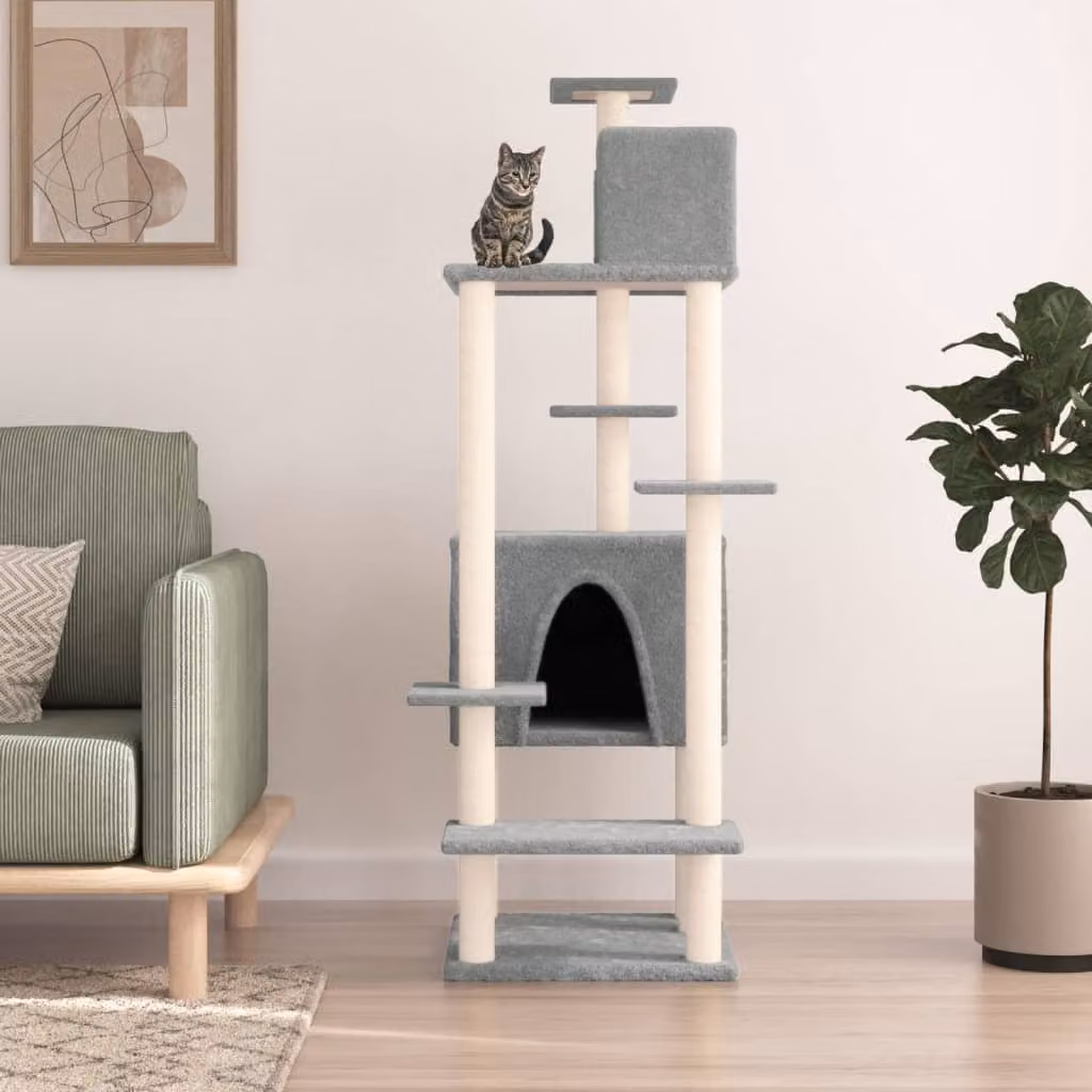 Albero per gatti vidaXL con tiragraffi in sisal e legno, colore grigio, Altezza: 154 cm