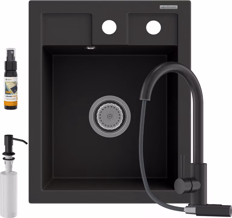 Granitan - Lavello in granito - Lavello da cucina - 50x40 cm - con rubinetteria LOSETO, sifone e dispenser per sapone - BEST