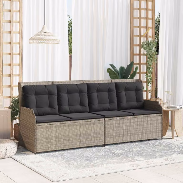 Panchina da giardino moderna vidaXL in polyrattan grigio con cuscini e braccioli