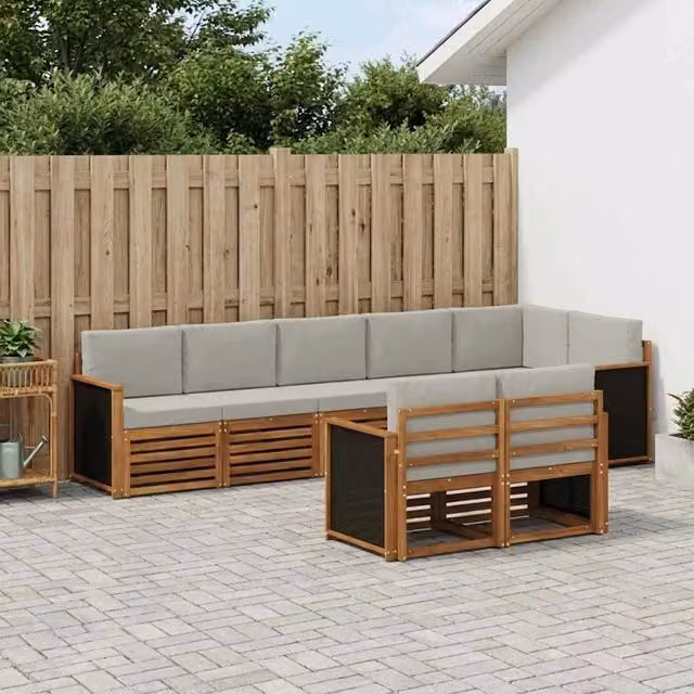 Set di divani da esterno a L vidaXL in legno di acacia con cuscini grigi, 7 pezzi – 1