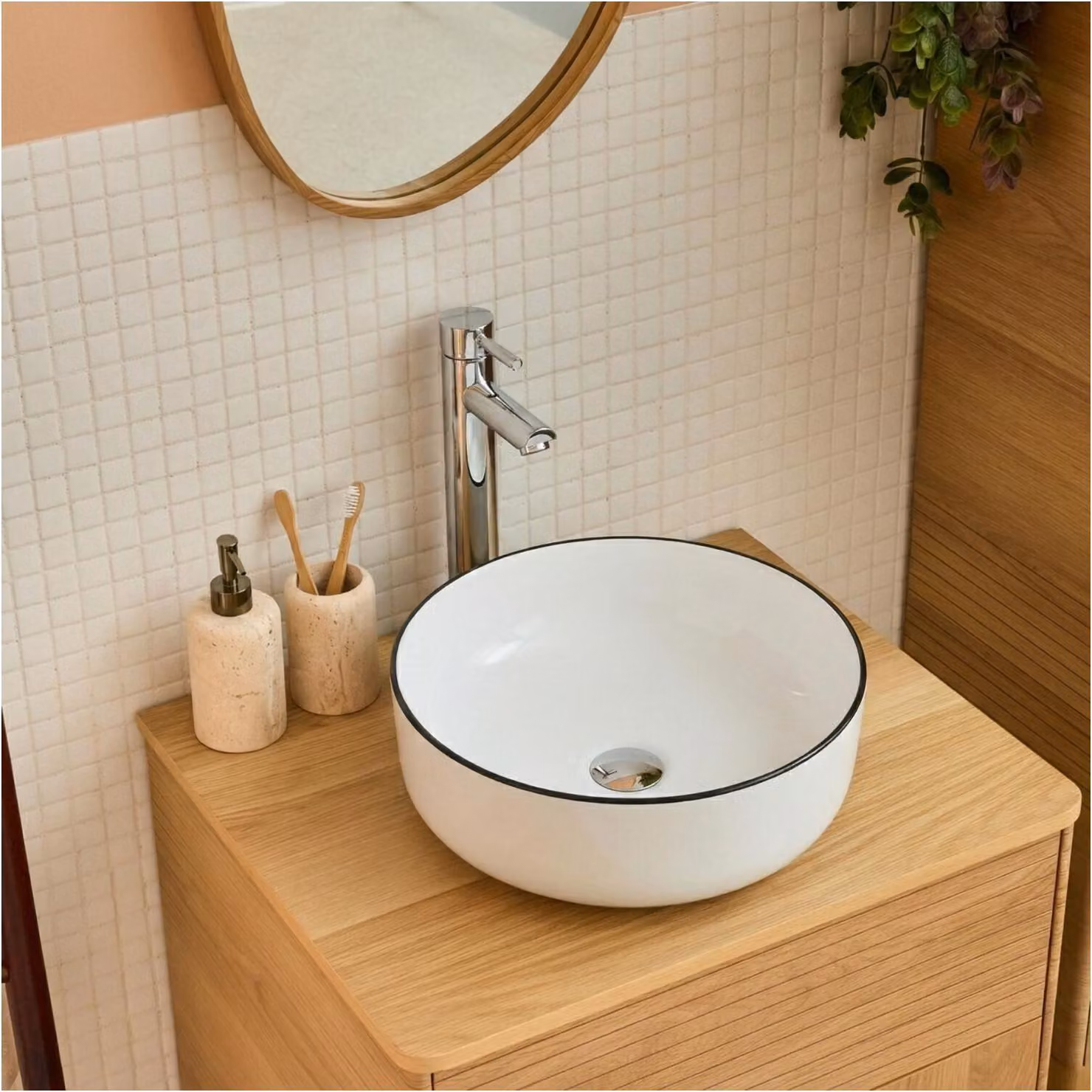 Lavabo da appoggio rotondo in Vetroceramica con bordo, 37cm, DIEGO