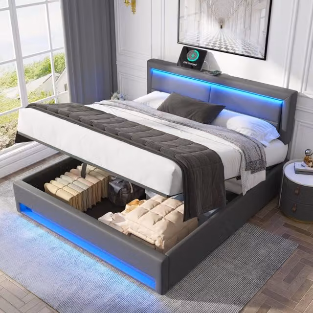 Letto imbottito 140 × 190 cm con ricarica USB cablata e wireless LED vano contenitore PU grigio