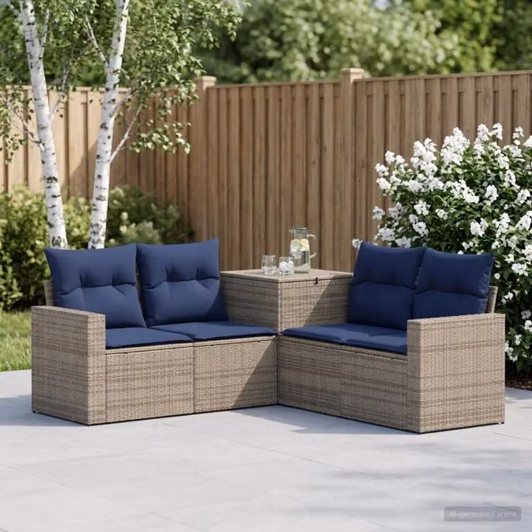 Set di divani da giardino vidaXL a forma di L con cuscini, in rattan e acciaio, Grigio e Blu