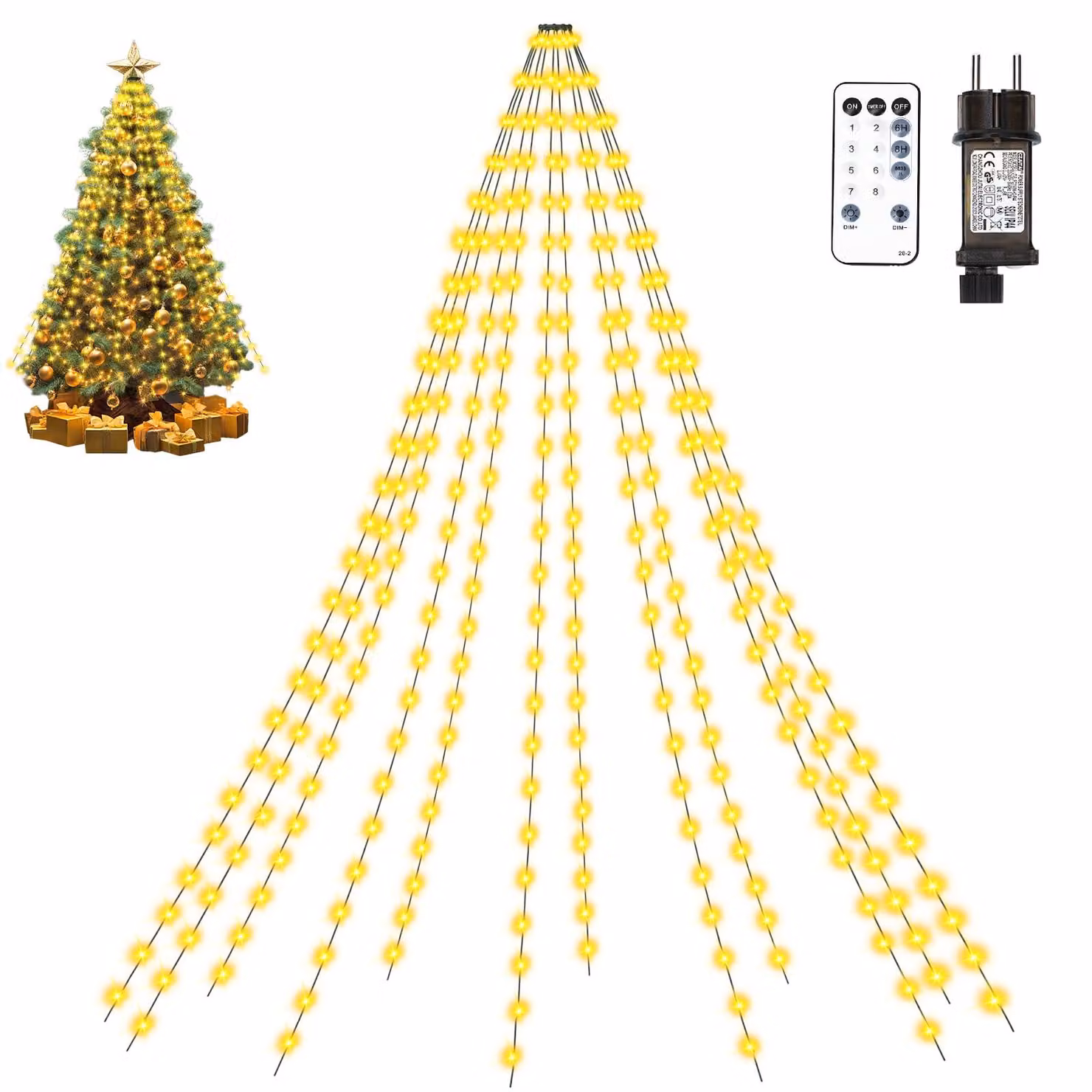 Catena luminosa a LED, 2 metri, 300 LED bianco caldo, 12 fili, con timer e telecomando