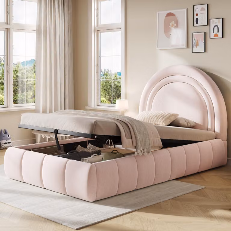 Letto imbottito okwish 90x200 con materasso e testiera imbottita, letto per bambini con sistema di stoccaggio idraulico, letto singolo rosa