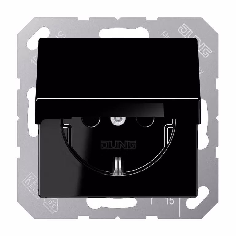 Jung A1520BFKLSW SCHUKO Presa di corrente con coperchio a cerniera infrangibile Serie A nero (A1520BFKLSW)
