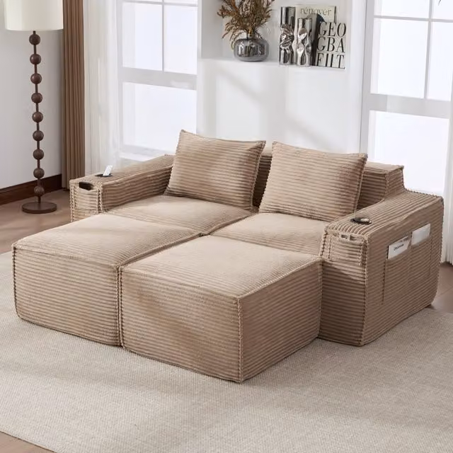 Divano modulare a L Mivray in velluto a coste verde e beige con pouf, portabevande e cuscini inclusi, imbottitura mista, L: 188 cm, P: 162 cm, H: 75 cm