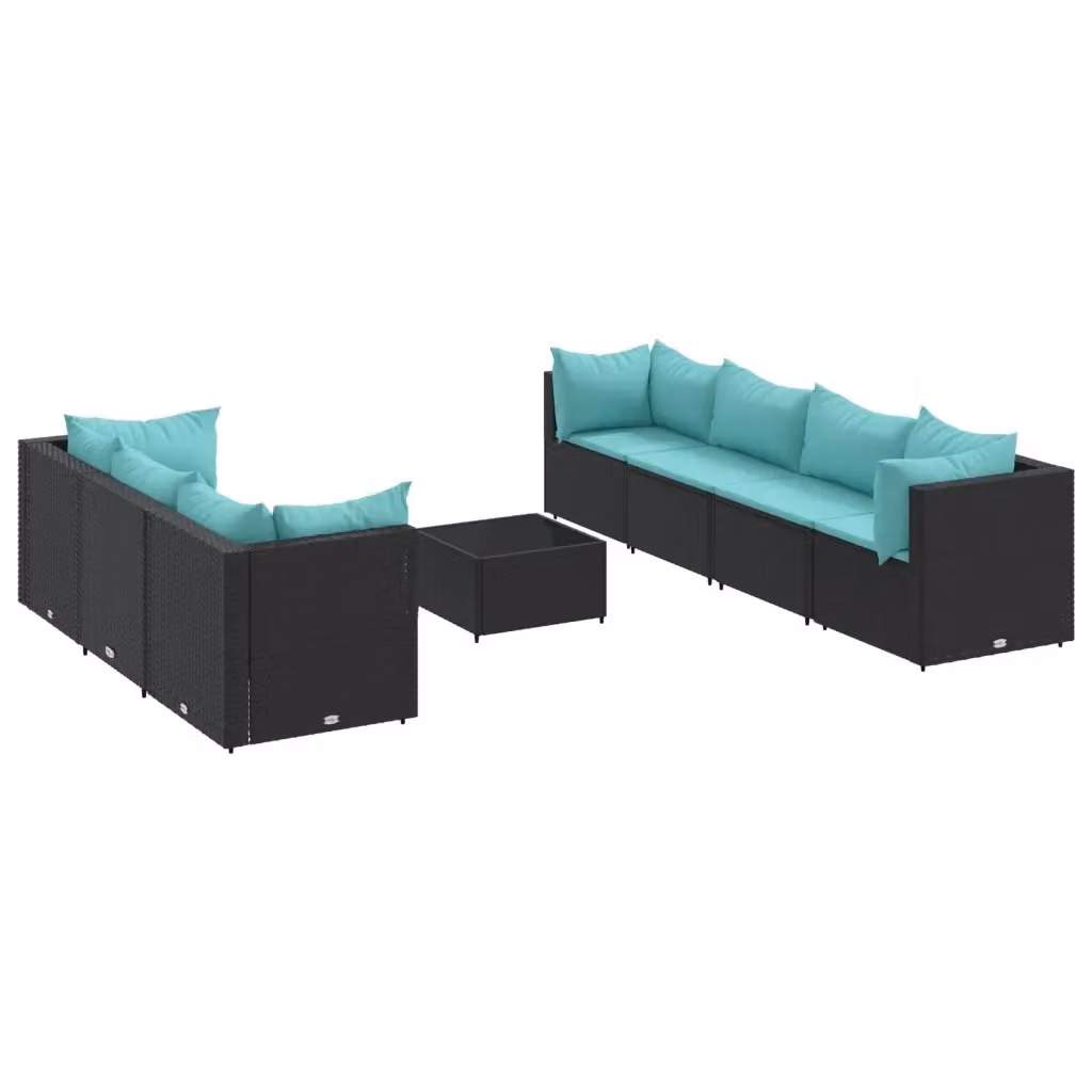 Set da giardino vidaXL a forma di L con 8 pezzi, polyrattan nero e cuscini blu con struttura in acciaio e tavolo da caffè in vetro – 2