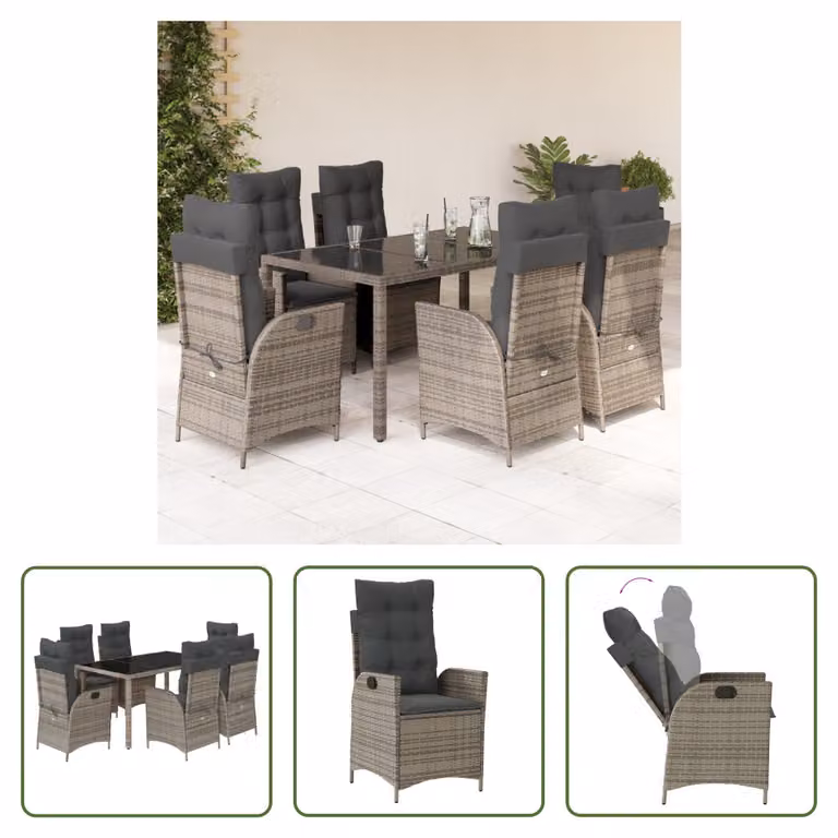 The Living Store Set da pranzo da giardino 7 pezzi con cuscini in poly rattan grigio