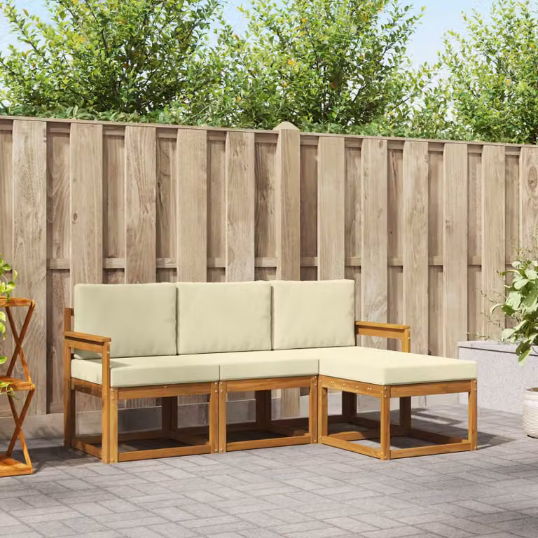 Set di divani da esterno vidaXL a forma di L in legno di acacia con pouf e cuscini, Colore Naturale, Beige e Marrone