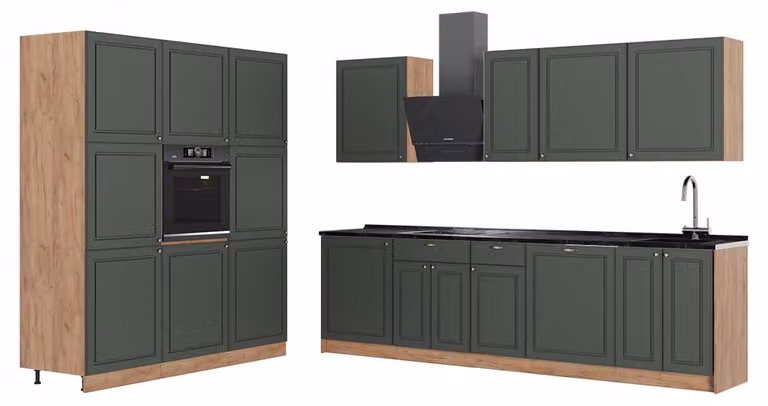 Cucina componibile Vicco Fame-Line Verde-oro rustico/Rovere dorato 460 cm, PL Antracite, Model 63797