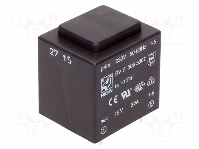1 trasformatore: rivestito, 200mA, 3VA, 230VAC, 15V. Montaggio: BV EI 306 3367 - Trasformatore