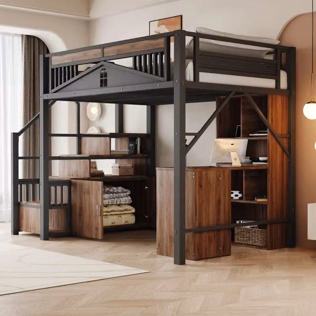 Letto a soppalco ULEVR 140x200 cm con scale contenitore, armadietto e barriera con finestra, nero