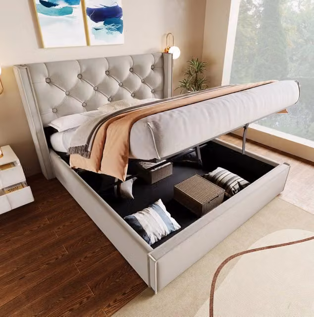 Letto matrimoniale imbottito MODFU con contenitore e base a sollevamento, grigio, L/P: 160 x 200 cm