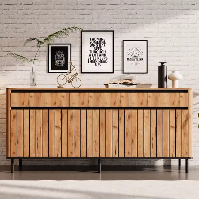 Madia con 3 cassetti e 3 ante a lamelle in MDF effetto rovere naturale con piedi in metallo 160 × 40 × 73 cm