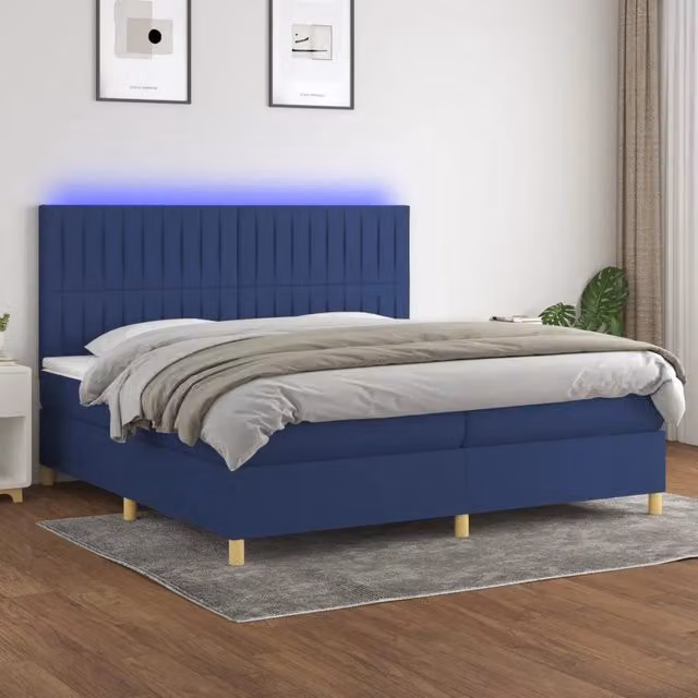 Letto Ibrido vidaXL con Materasso a Molle Individuali, Illuminazione LED Blu e Porta USB, Tessuto Bianco e Blu, L/P/H: 200 x 200 x 28.0 cm