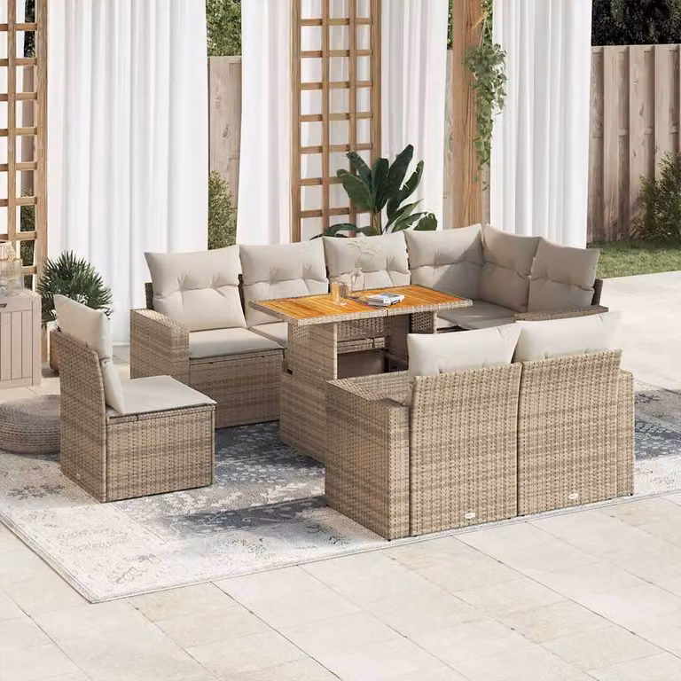 Set Divano da Giardino a L vidaXL 9 pz con Cuscini Beige e Tavolino da Esterno in Polyrattan e Legno di Acacia