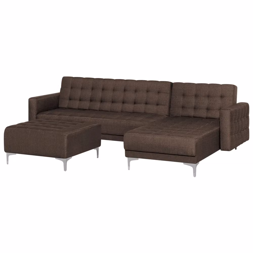 Divano letto angolare Beliani a forma di L in tessuto marrone con chaise longue sinistra, modello componibile a 4 posti con funzione letto click-clack e poggiatesta regolabile, L/P/H: 267 x 168 x 87 cm – 2
