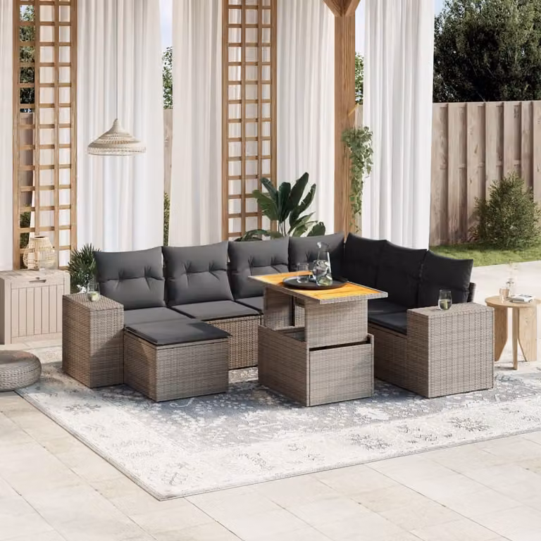 vidaXL Set Divano da Giardino a L 8 pz in Polyrattan Grigio con Cuscini e Tavolino