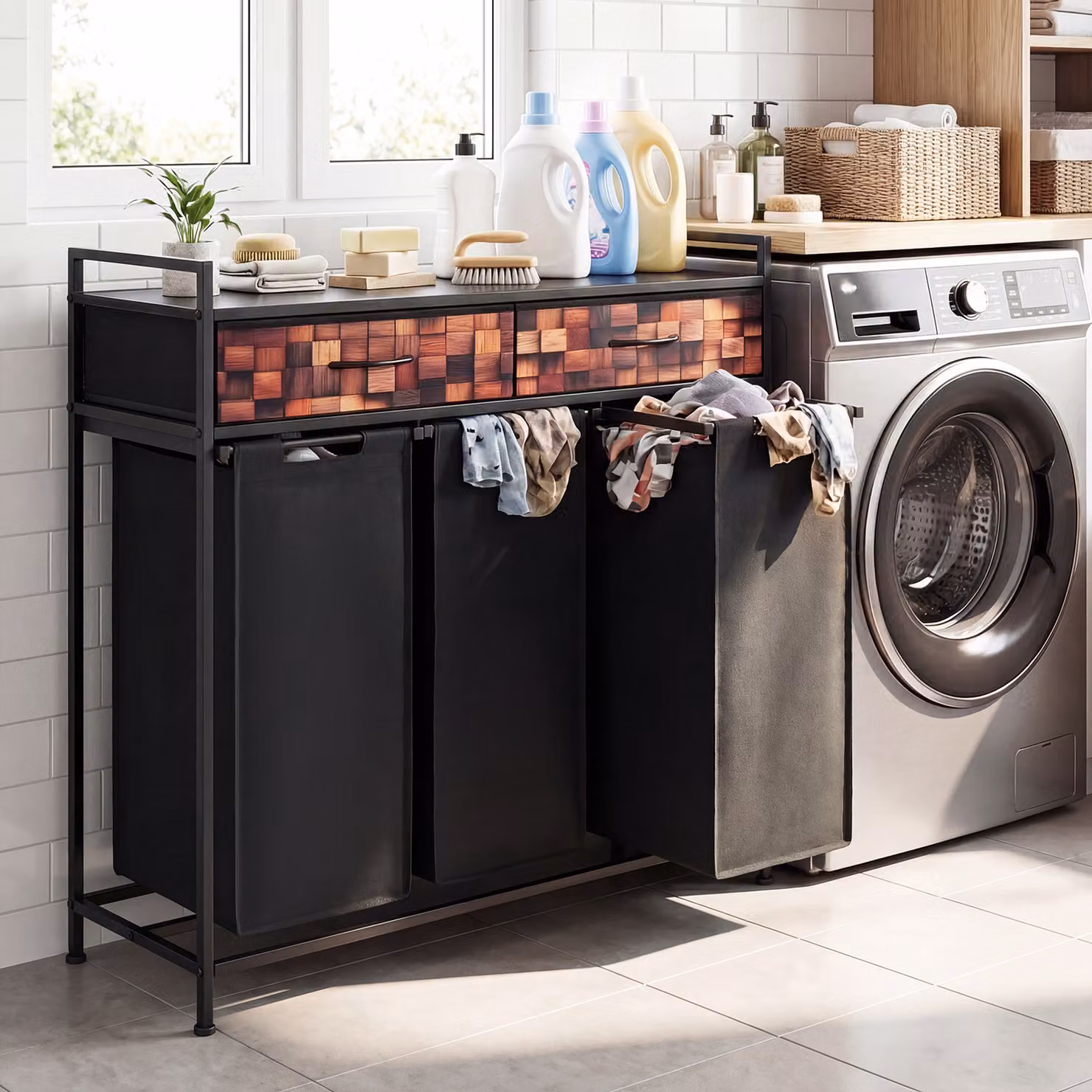 Cesto per biancheria sporca Costway da 144 l con 3 scomparti e 2 cassetti, Nero, L: 92,5 cm, P: 33 cm, H: 93,5 cm