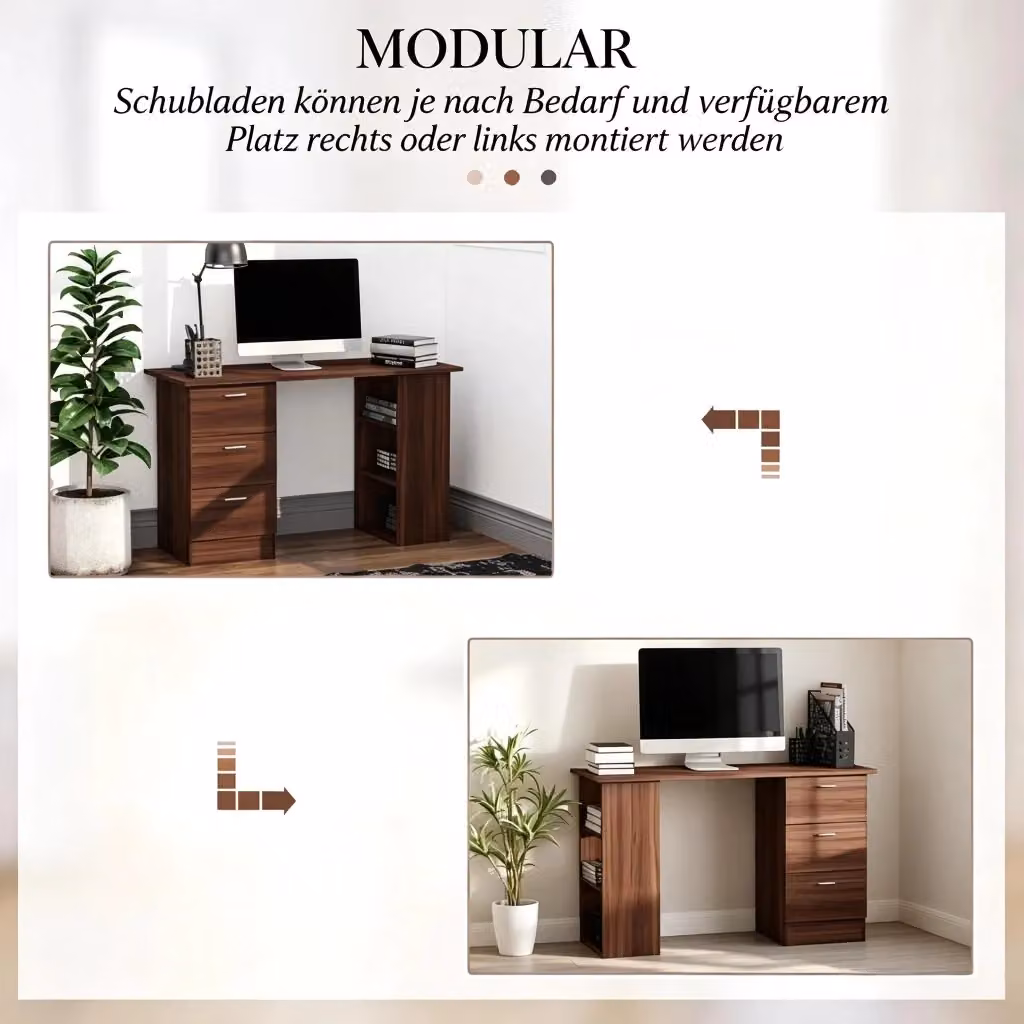 Scrivania lineare OKWISH in MDF effetto legno marrone con 3 cassetti e 3 ripiani aperti, L: 120 cm, P: 49 cm, H: 72 cm – 2