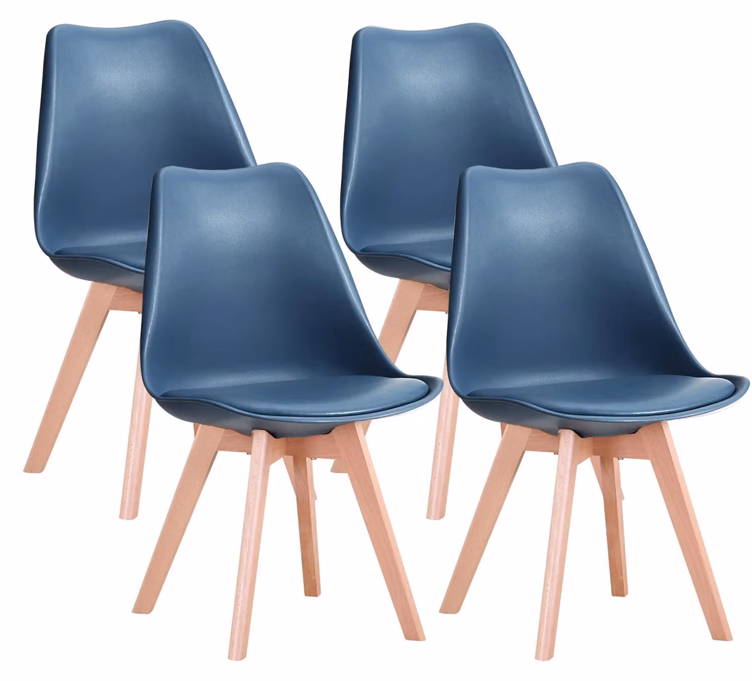 Set di 4 sedie da pranzo - Sedia in plastica con gambe in legno di faggio massello - Design moderno e minimalista - Adatta per cucina, sala da pranzo, ristorante - Colore blu scuro