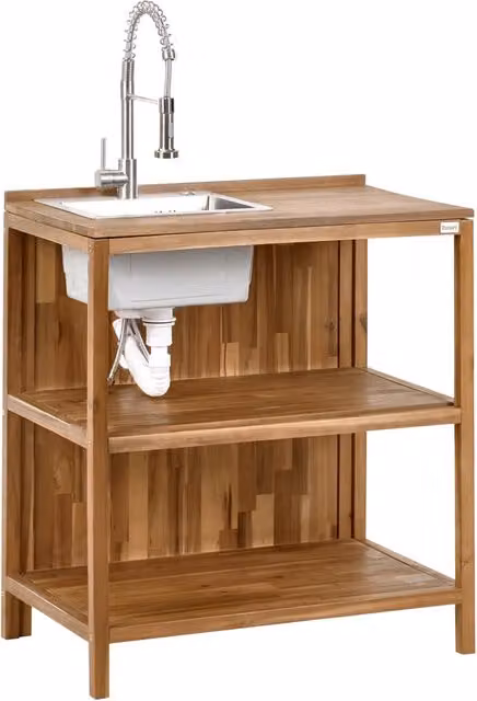 Isola da cucina per esterni con lavello e rubinetto in legno di acacia marrone e argento a 2 ripiani in acciaio inox con piano 50 x 80 x 90 cm