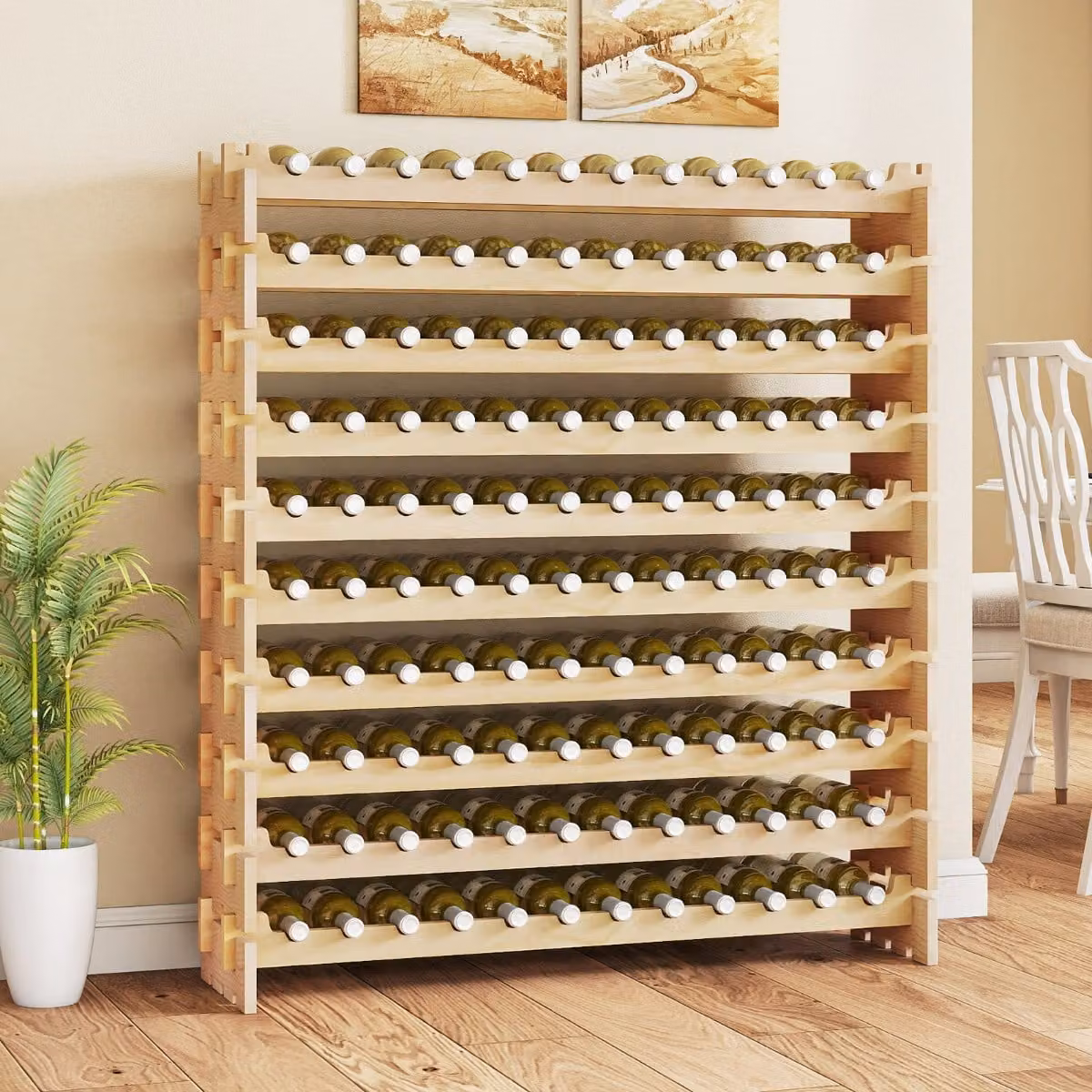 Costway Portabottiglie per vino in legno naturale marrone con 10 ripiani impilabili per 120 bottiglie
