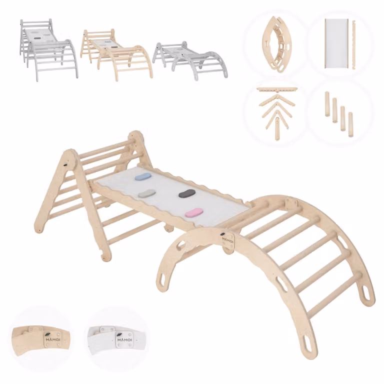 Set di arrampicata per interni, triangolo di arrampicata in legno con scivolo, arco di arrampicata, arrampicata per bambini, altalena arcobaleno con scivolo, arco da gioco in legno