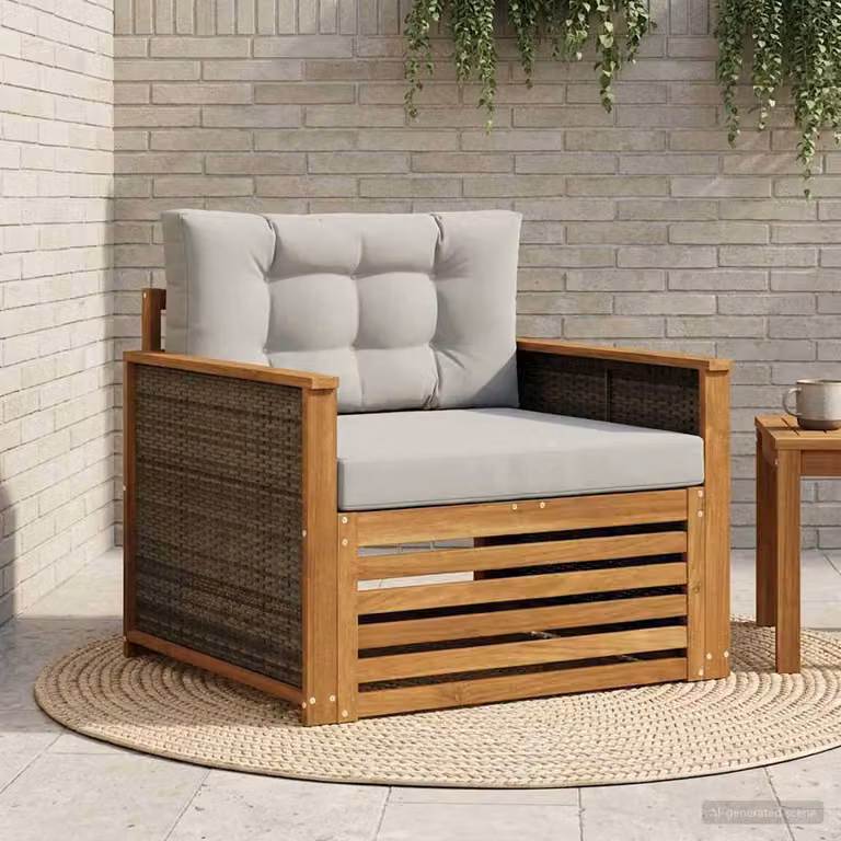 vidaXL Divano centrale da esterno moderno in legno di acacia con cuscini inclusi, marrone e grigio
