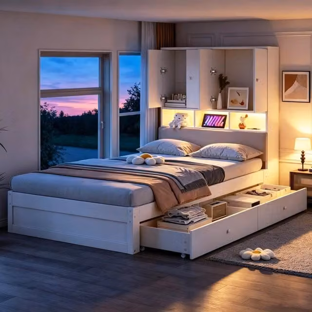 Letto Mivray con cassetti e testiera imbottita in tessuto bianco, dotato di illuminazione LED, prese USB e rete a 15 doghe, L/P/H: 200 x 90 x 125 cm – 1